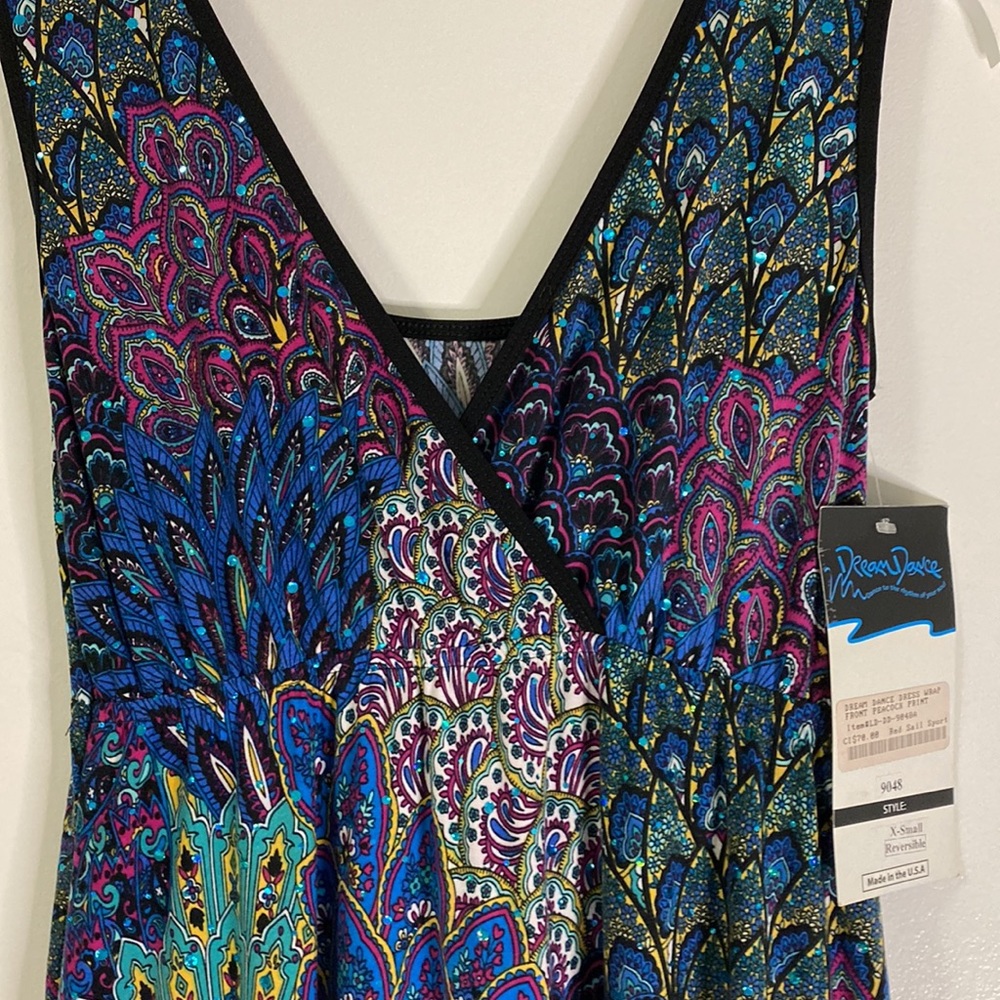 NWT Dream Dance Dress Wrap Front Peacock Print XS - Picture 2 of 4